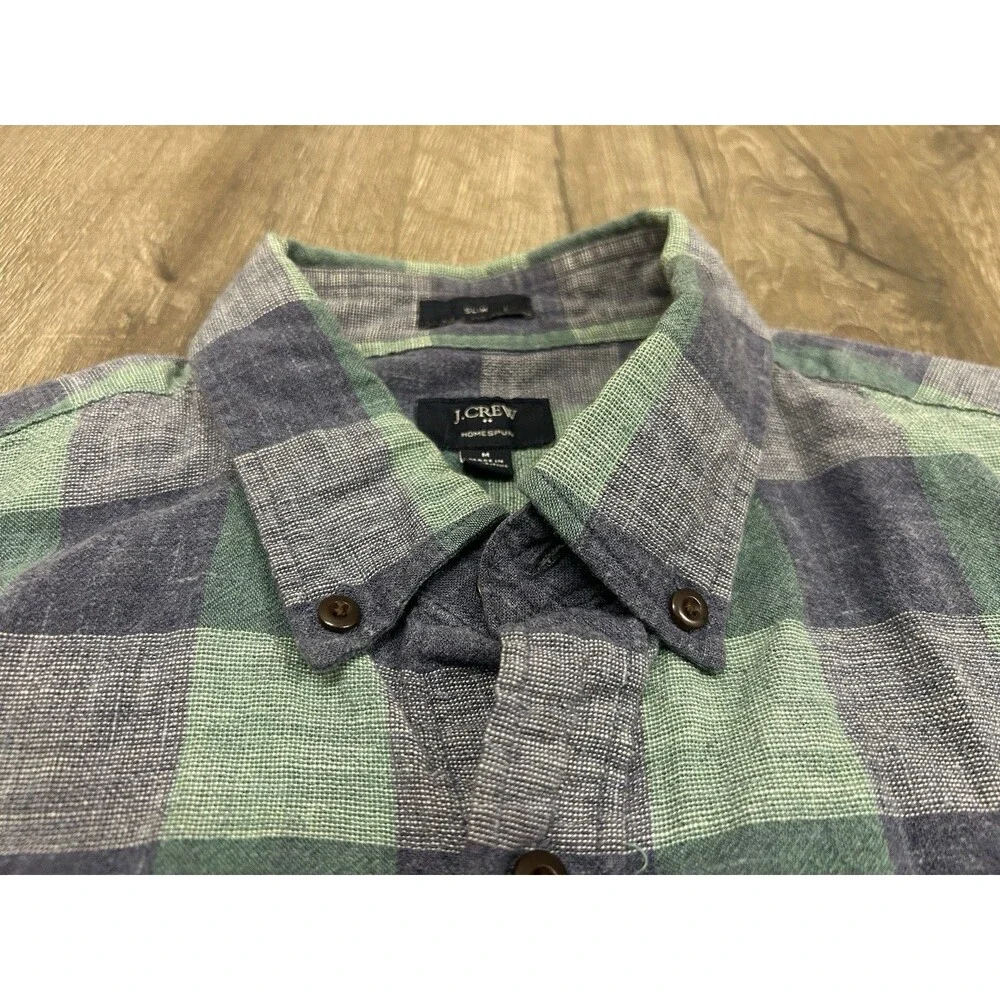 J Crew Homespun Shirt Mens Medium Blue Green Button Down Slim Casual